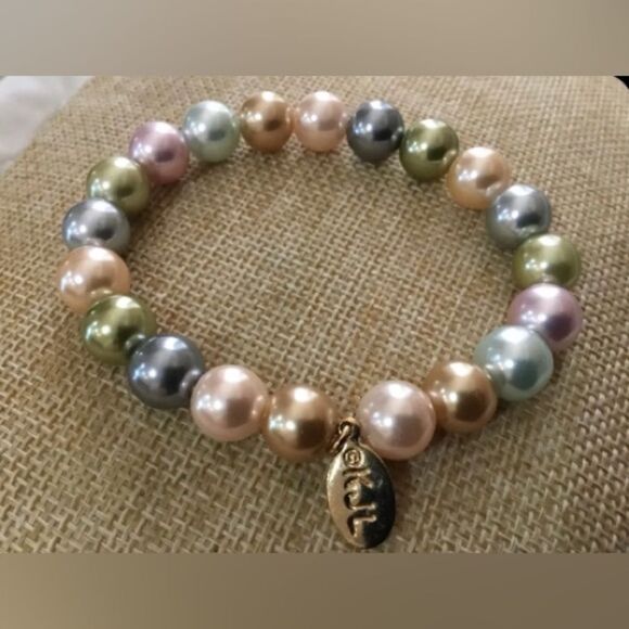 KJL *Kenneth Jay Lane* Multi Color Pastel Faux Pearl Stretch Bracelet EUC - Picture 1 of 3